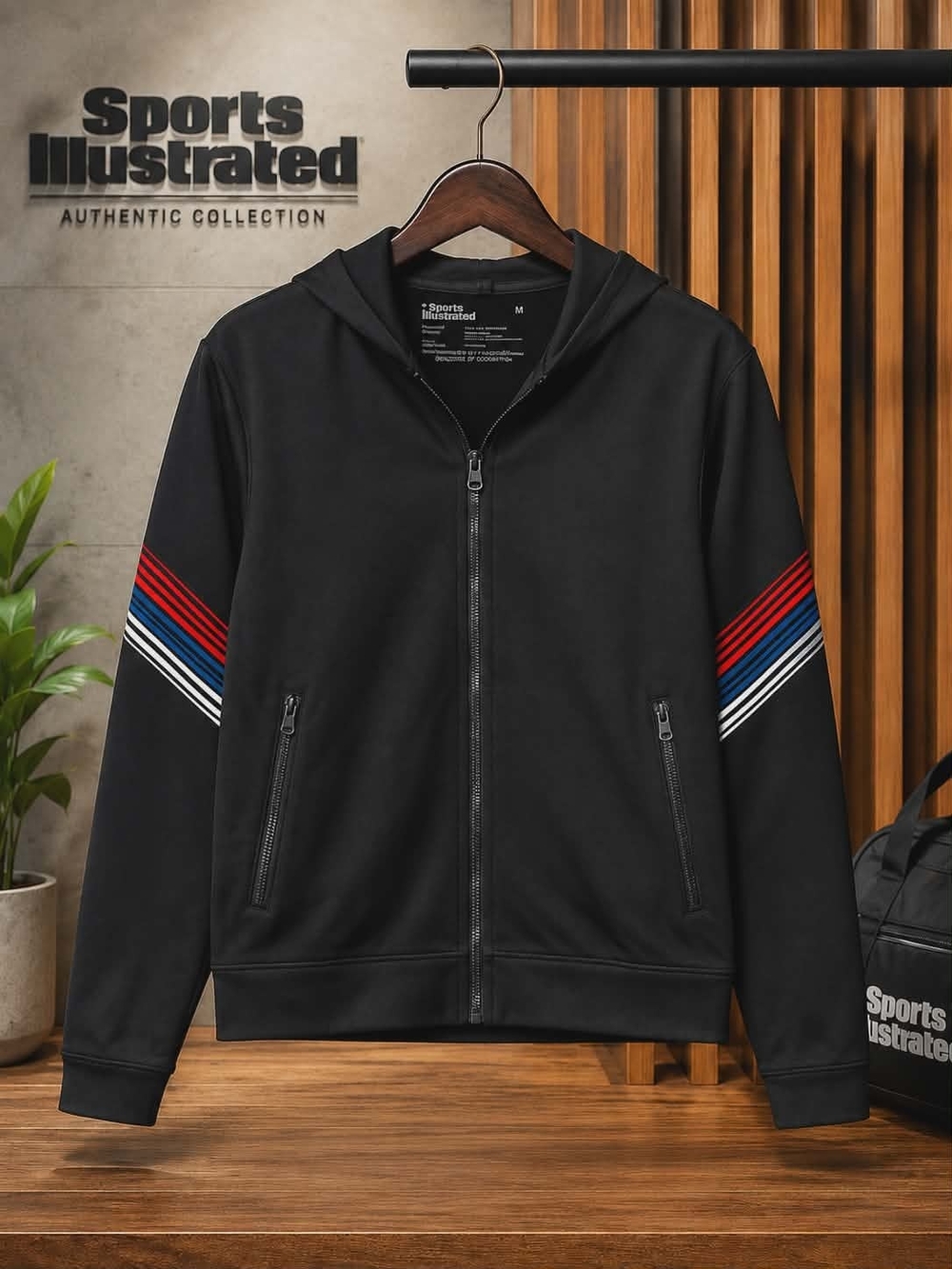 Sports Illustrated Full Zip Jacket Med Black Striped Sleeve Fleece Lined